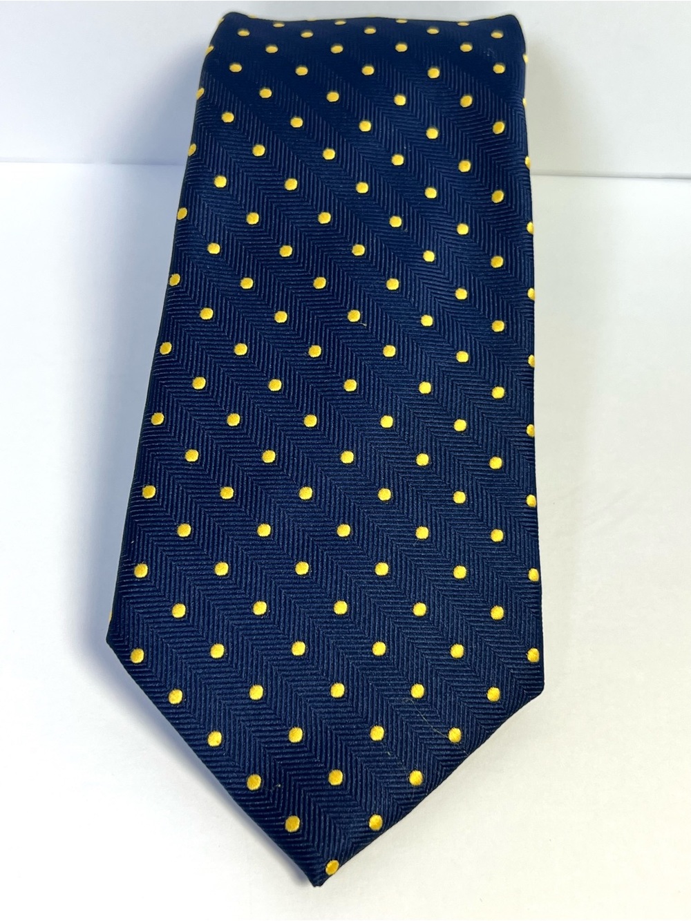 IZOD Men’s Navy Blue Yellow Polka Dot Textured Herringbone Tie Classic Length